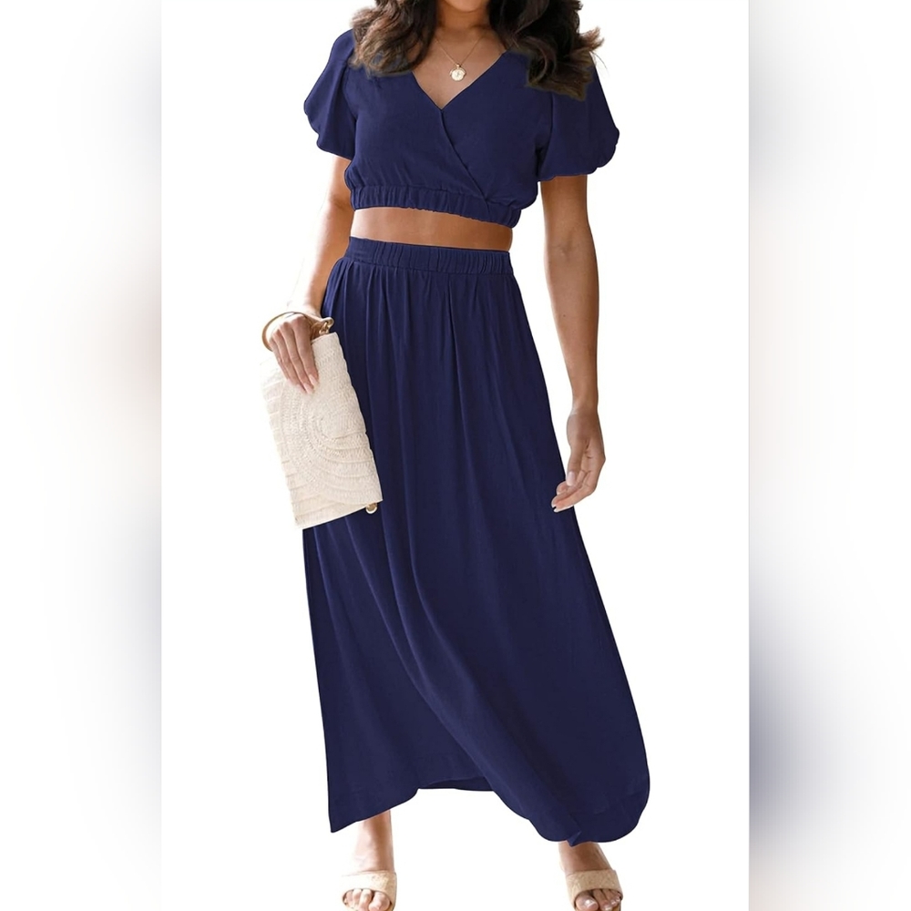 NWT MEROKEETY Women's 2 pc Outfit V Neck Puff Sleeve Crop Top & flowy maxi skirt